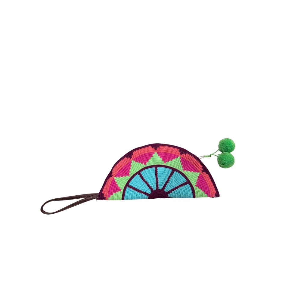 Artisan Woven Geometric Half Moon‎ Wristlet Clutch Bag with Pom Poms Multicolor